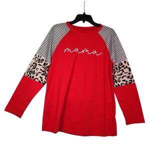 Mama Red Long Sleeve Raglan T-Shirt With Striped & Leopard Print Accents X-Large
